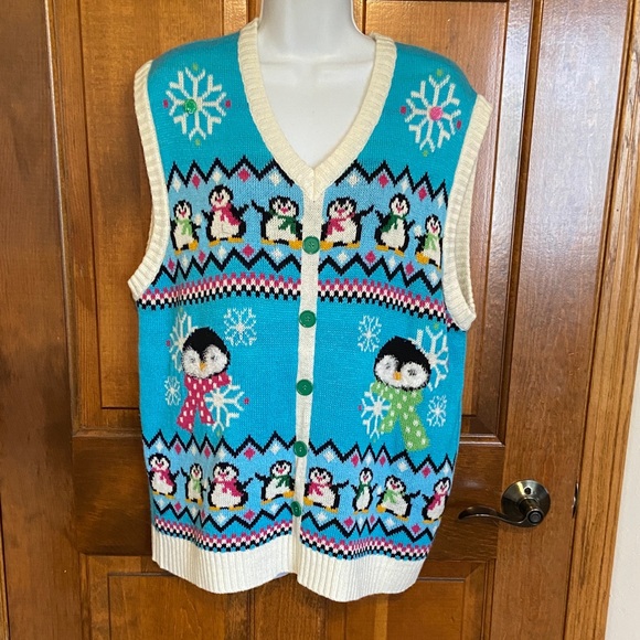 Merry Christmas Vintage Button Down Sweater Holiday Vest Penguins size X Large - Picture 1 of 12